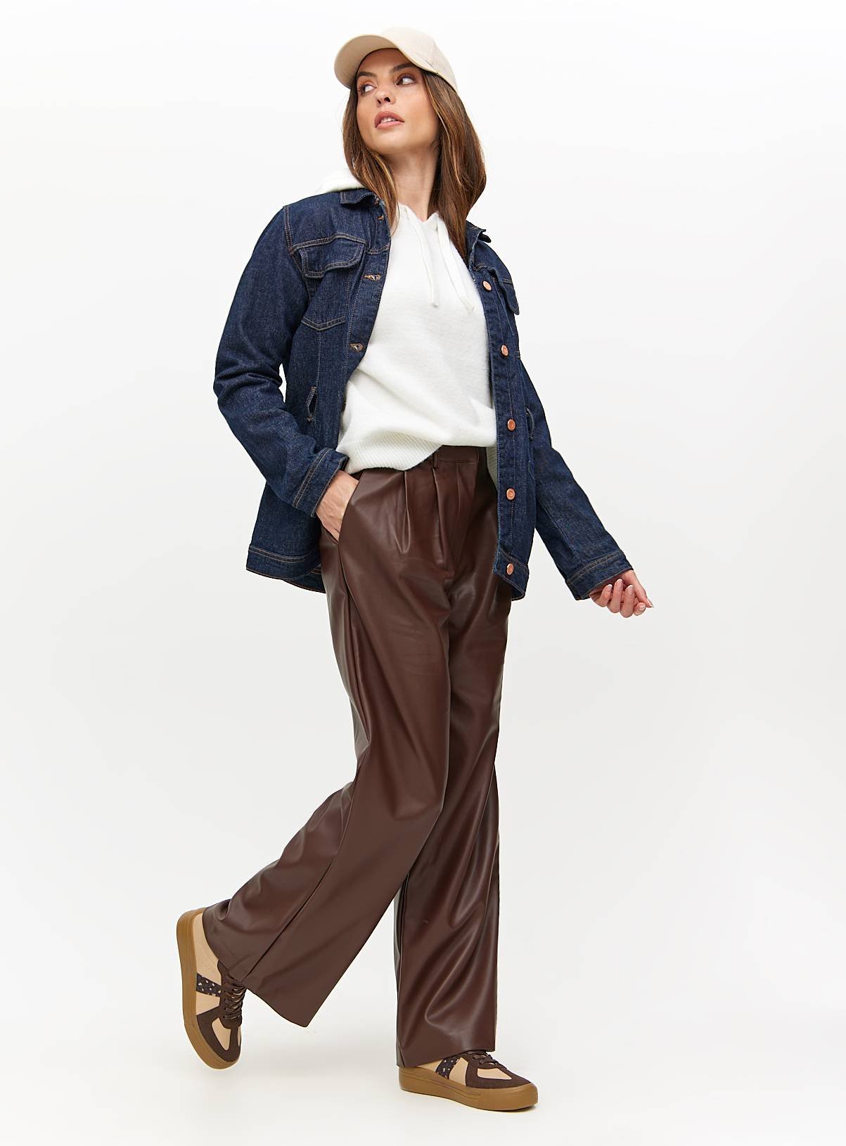 Brown Tailored Faux Leather Wide Leg Trousers  16R - Image 2