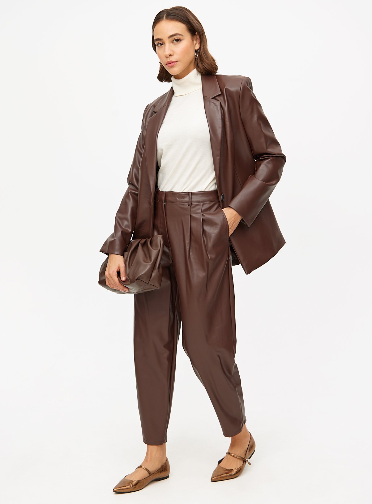 Brown Faux Leather Barrel Leg Trousers 20R