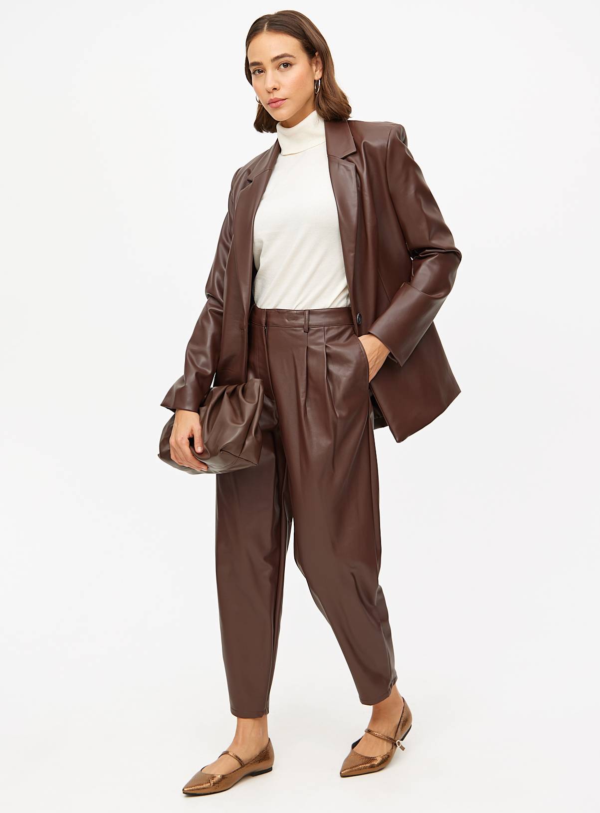 Brown Faux Leather Barrel Leg Trousers  12L - Image 1