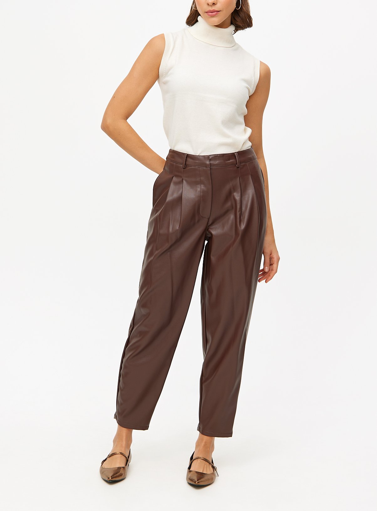 Brown Faux Leather Barrel Leg Trousers  12L - Image 2 thumbnail