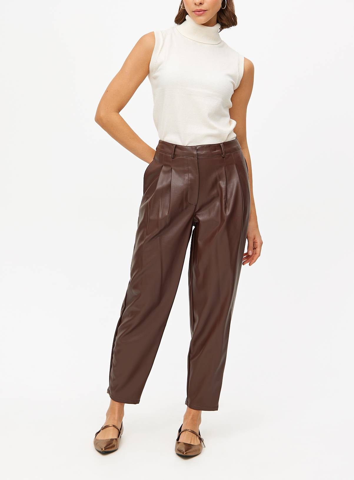 Brown Faux Leather Barrel Leg Trousers  12L - Image 2