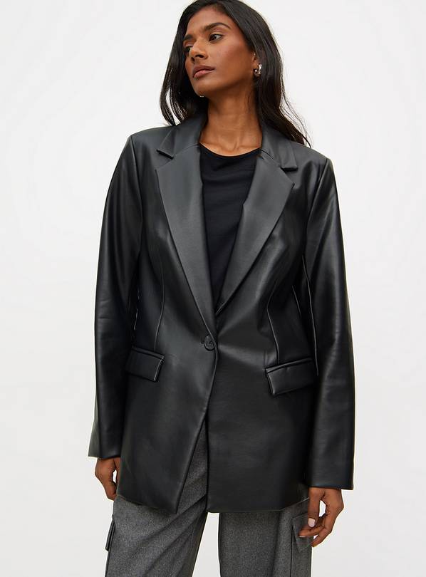 Black Faux Leather Single Breasted Blazer 10