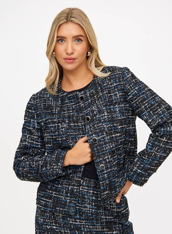 Dark Blue Textured Cropped Boucle Blazer 12