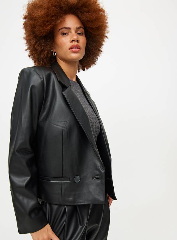 Black Faux Leather Boxy Blazer 16