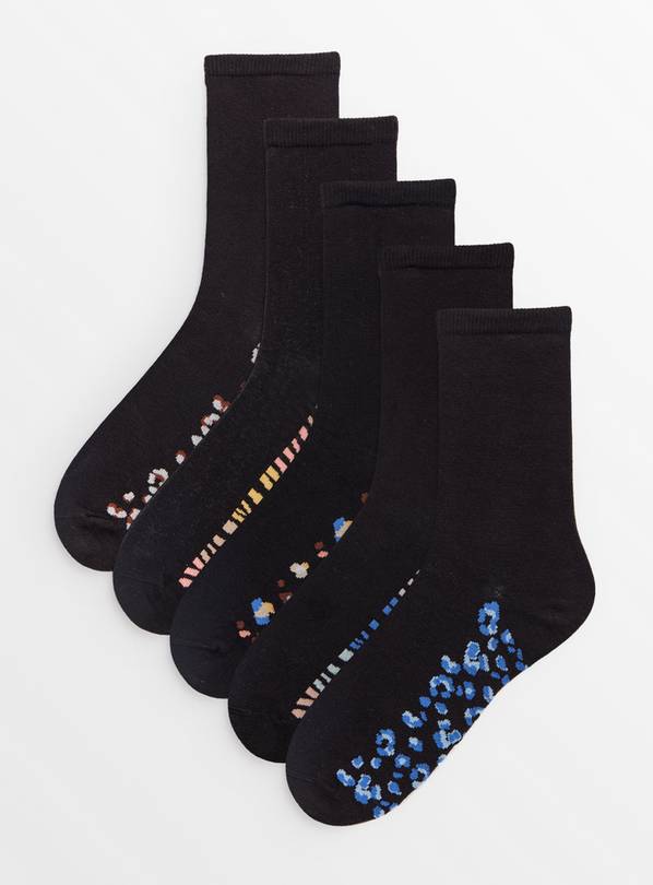 Black Animal Footbed Ankle Socks 5 Pack 4-8