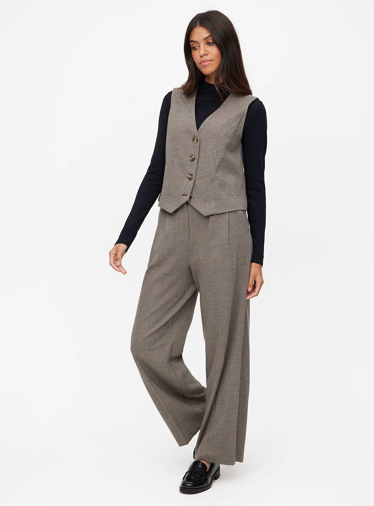 Brown Dogtooth Wide Leg Tailored Trousers 14R - Image 2