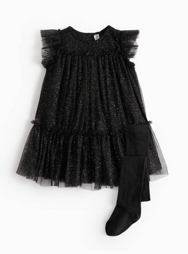 Black Mesh Glitter Party Dress & Tights Set 3-4 years