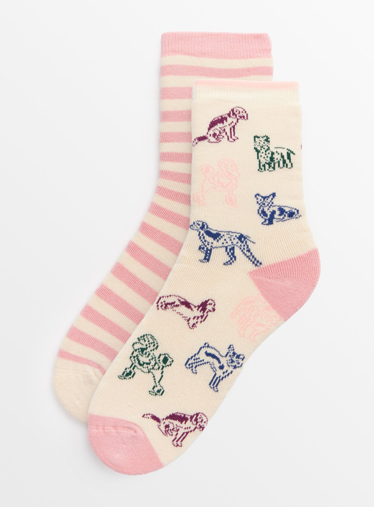 Pink Dog Print & Stripe Ankle Socks 2 Pack 4-8