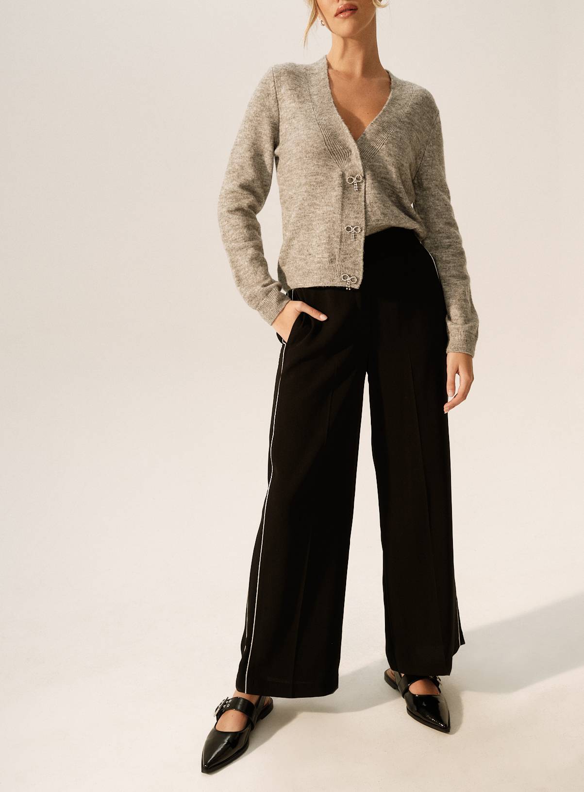 Black Glitter Side-Stripe Wide Leg Trousers  12R - Image 3
