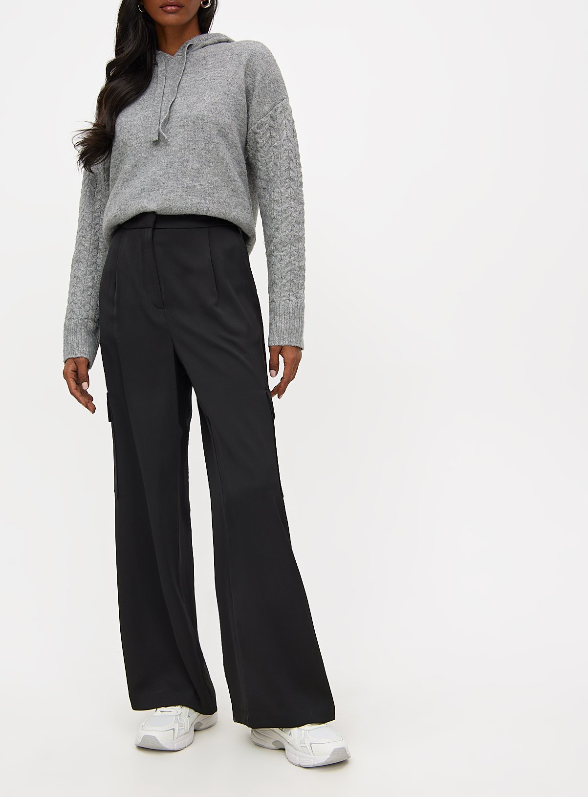 Black Crepe High Waisted Cargo Wide Leg Trousers 16R - Image 1 thumbnail