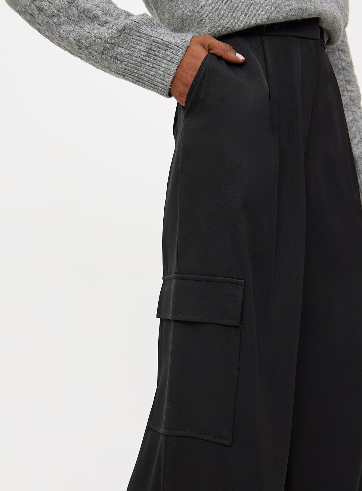 Black Crepe High Waisted Cargo Wide Leg Trousers 16R - Image 3 thumbnail