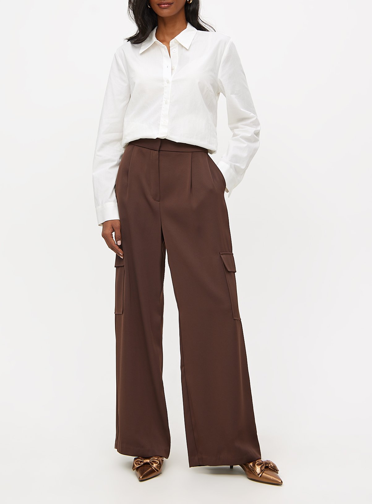 Brown Crepe High Waisted Cargo Wide Leg Trousers 14S