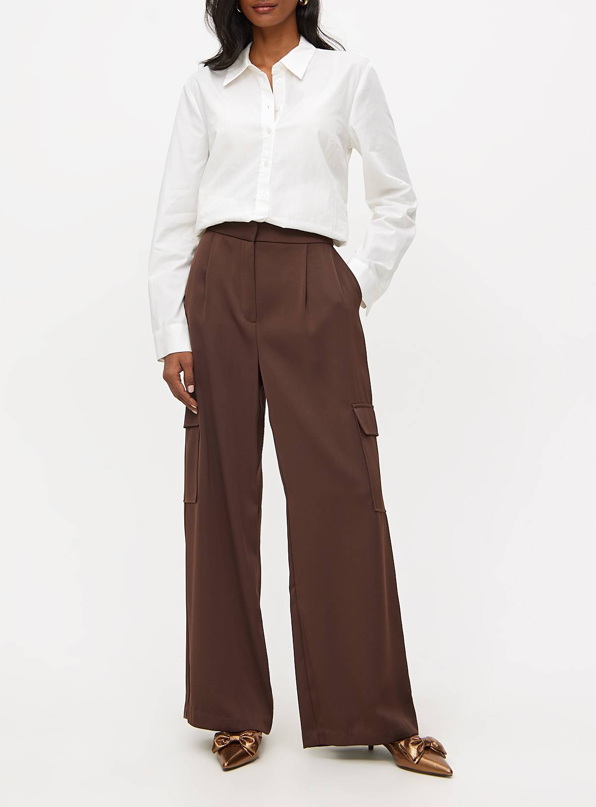 Brown Crepe High Waisted Cargo Wide Leg Trousers 12R - Image 1