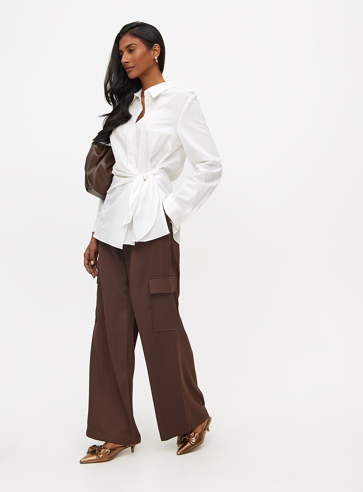 Brown Crepe High Waisted Cargo Wide Leg Trousers 12R - Image 2 thumbnail