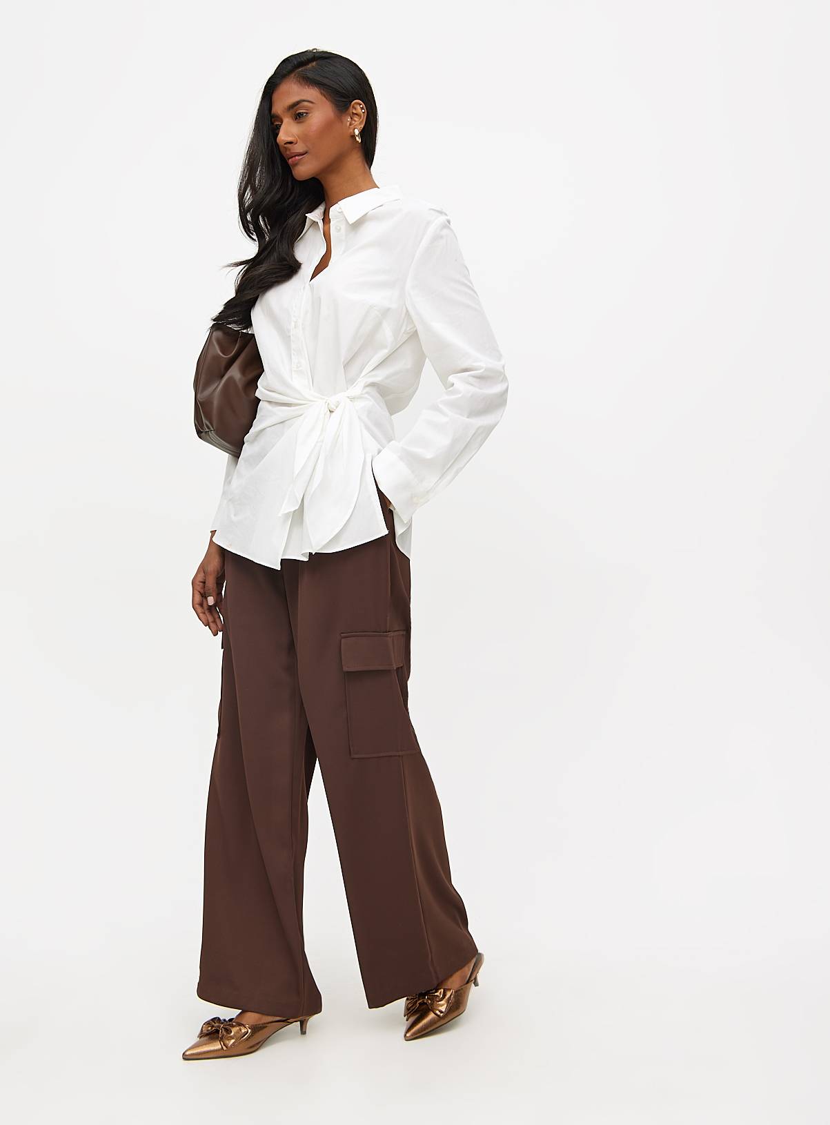 Brown Crepe High Waisted Cargo Wide Leg Trousers 12R - Image 2