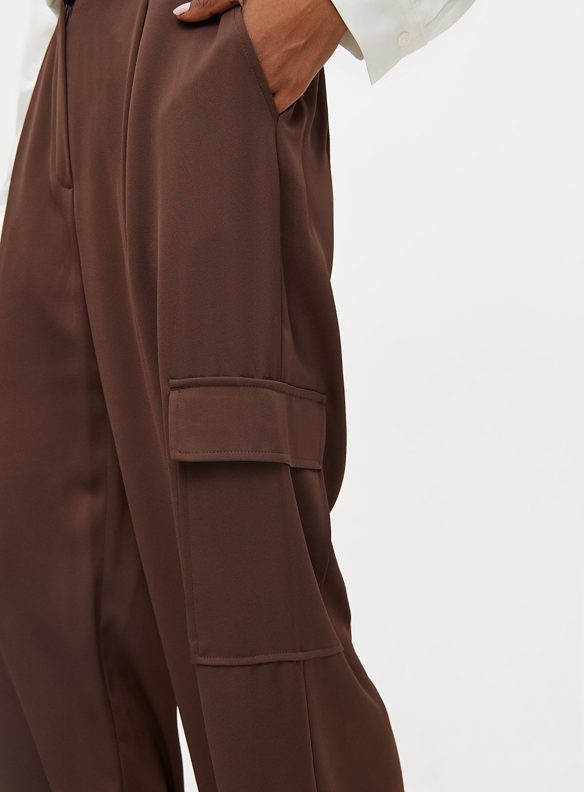 Brown Crepe High Waisted Cargo Wide Leg Trousers 12R - Image 3 thumbnail