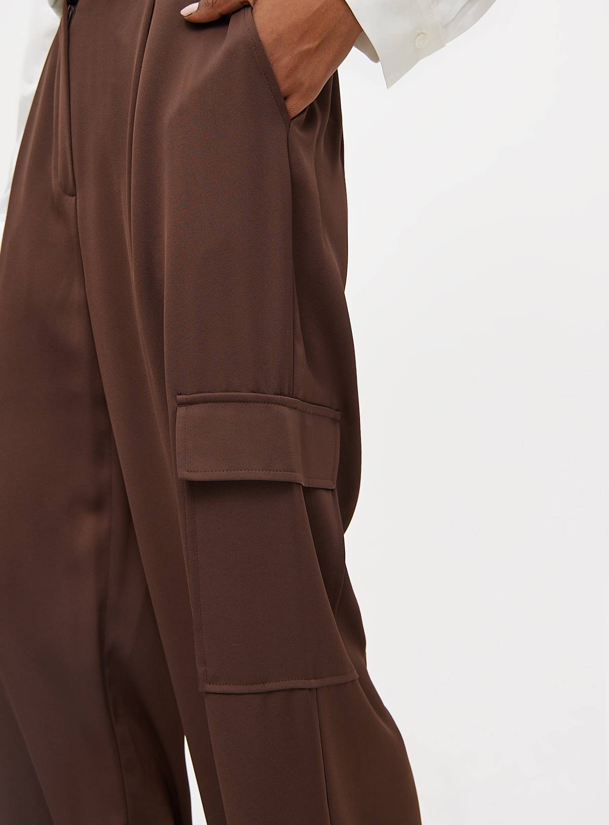 Brown Crepe High Waisted Cargo Wide Leg Trousers 12R - Image 3