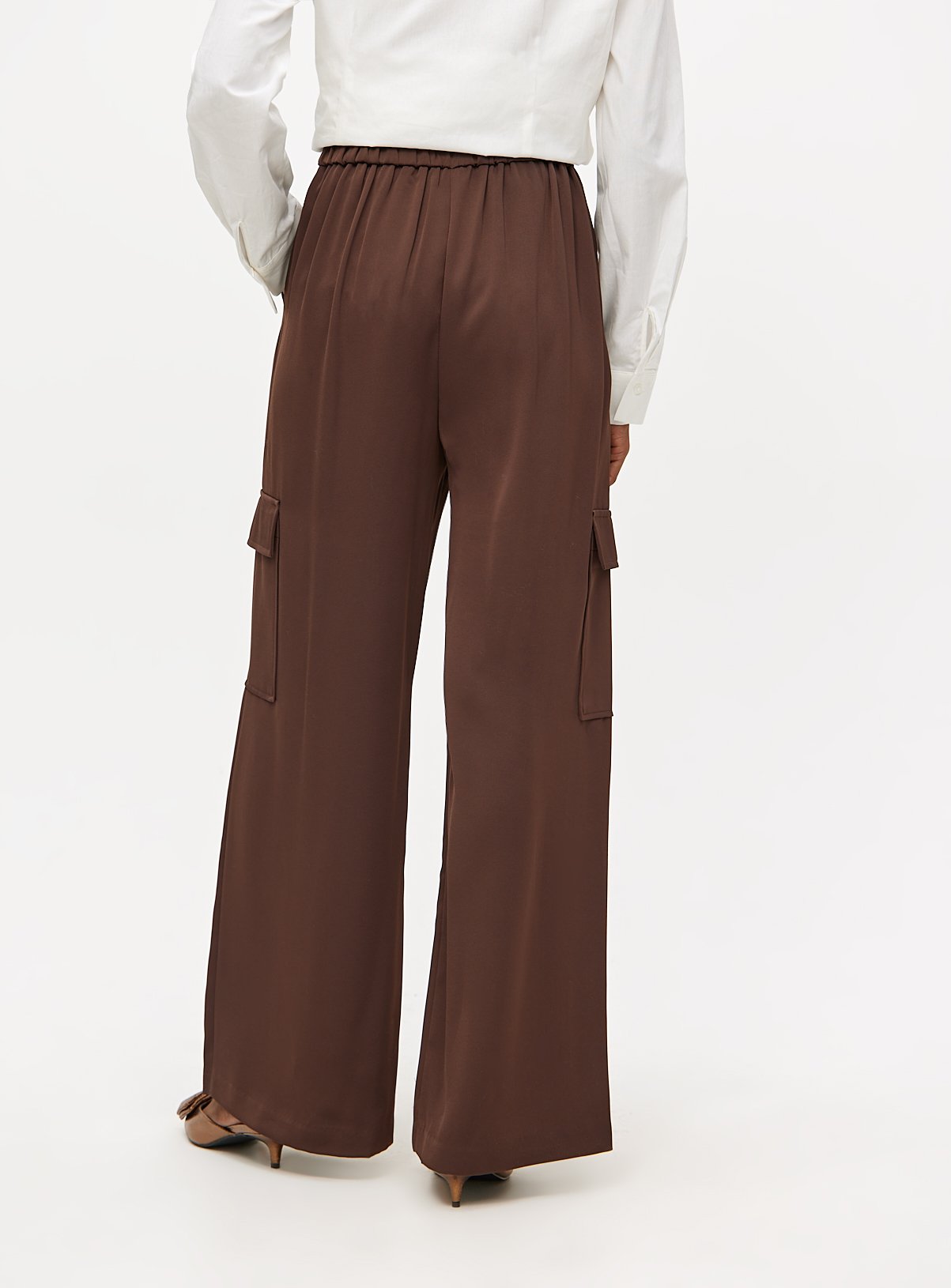 Brown Crepe High Waisted Cargo Wide Leg Trousers 12R - Image 4 thumbnail