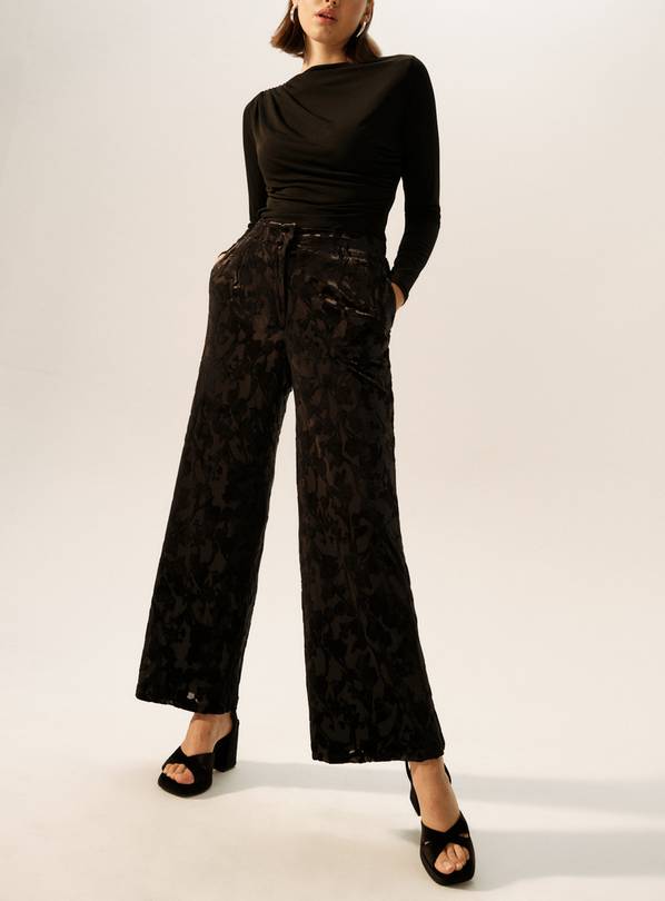 Black Devoré Floral Wide Leg Trousers  14R