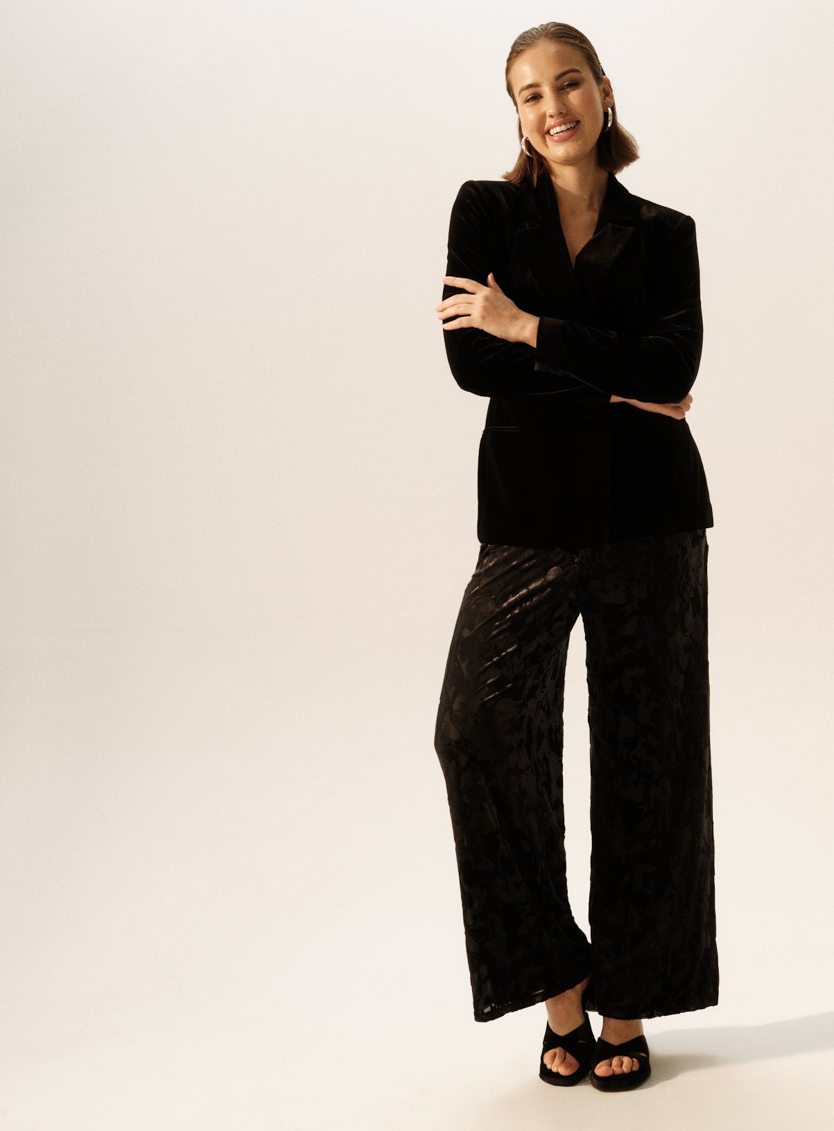 Black Devoré Floral Wide Leg Trousers  10R - Image 2 thumbnail