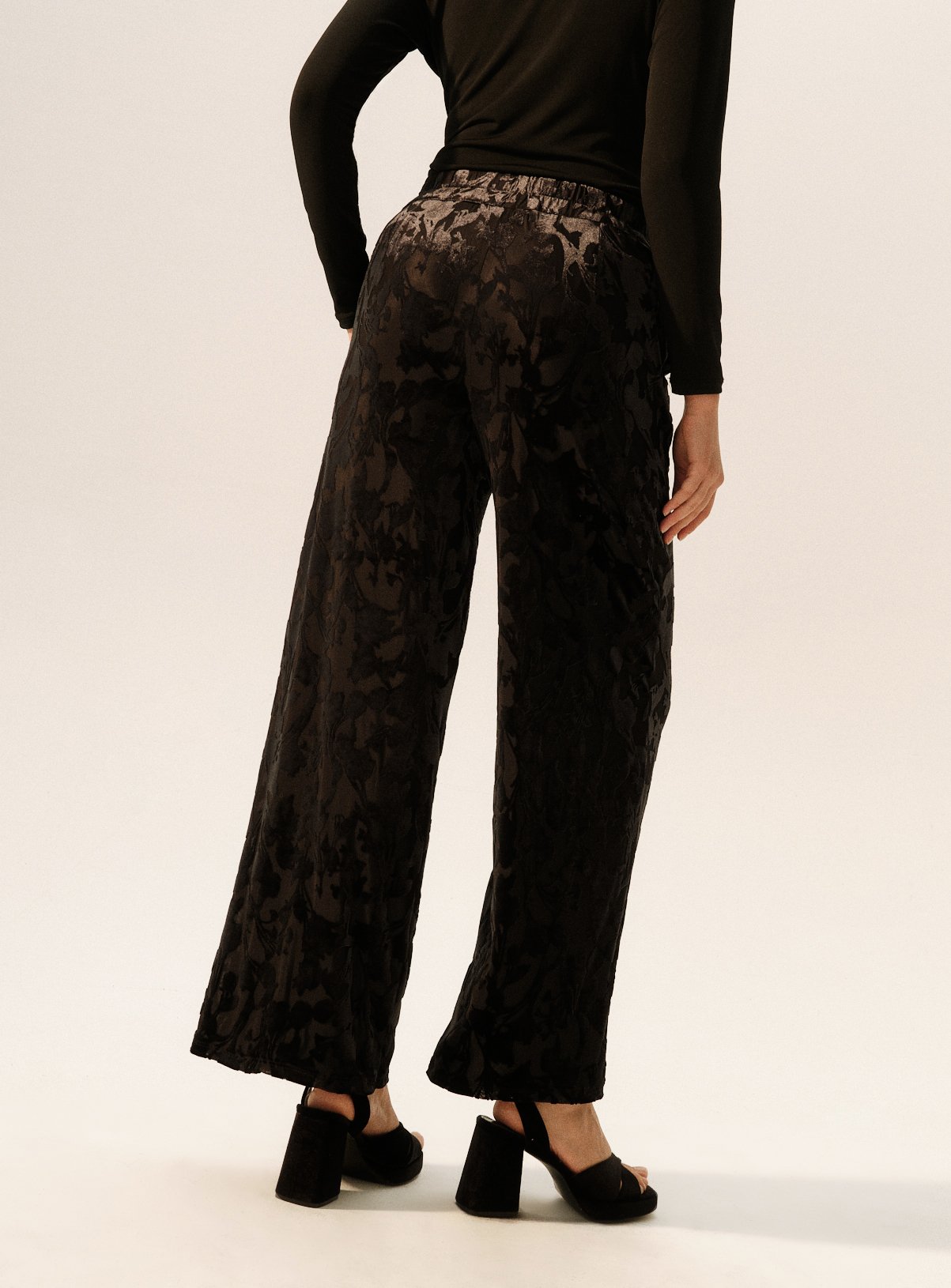 Black Devoré Floral Wide Leg Trousers  10R - Image 5 thumbnail
