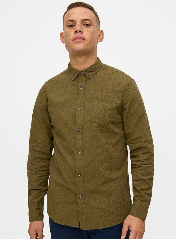 Khaki Seersucker Long Sleeve Shirt M