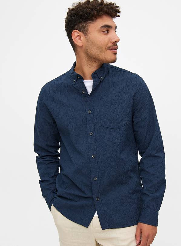 Navy Seersucker Long Sleeve Shirt M