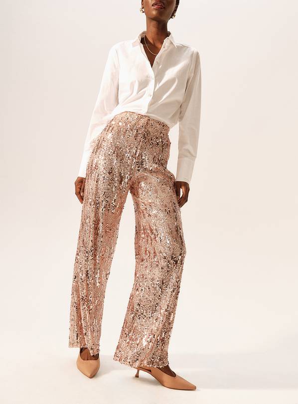 Cream Sequin Wide Leg Trousers 20R