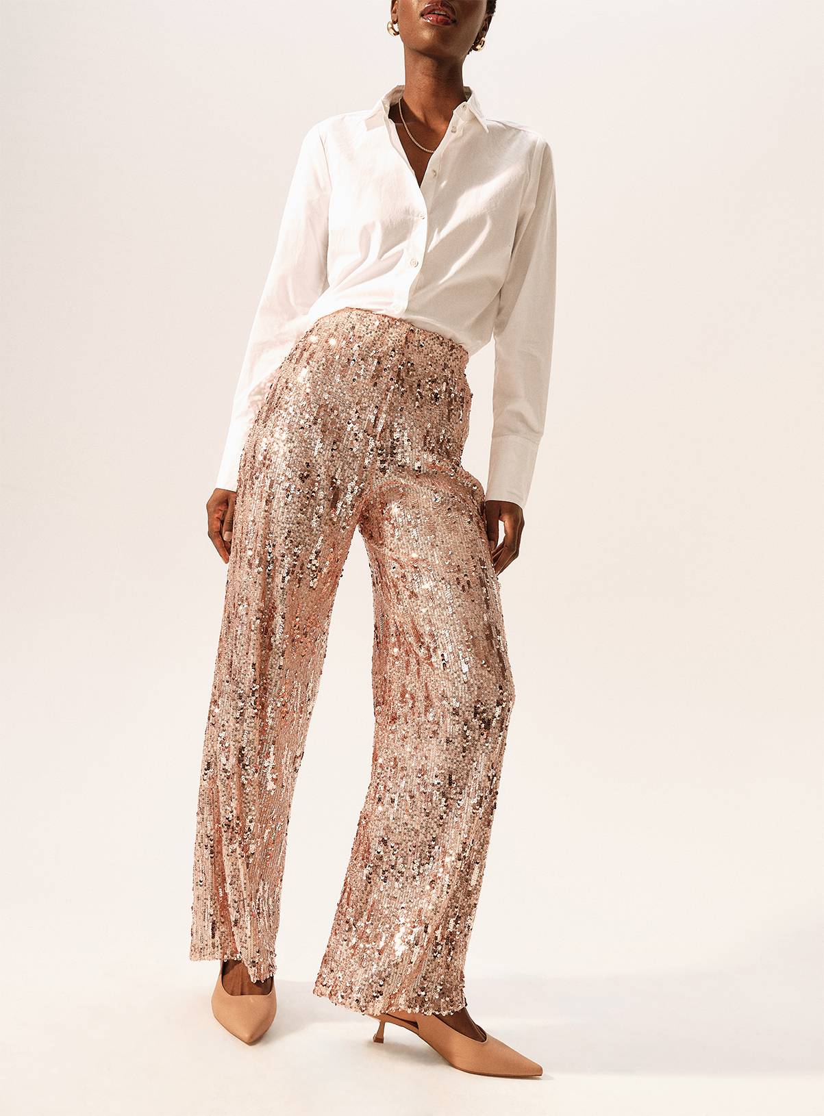 Cream Sequin Wide Leg Trousers  14L - Image 1