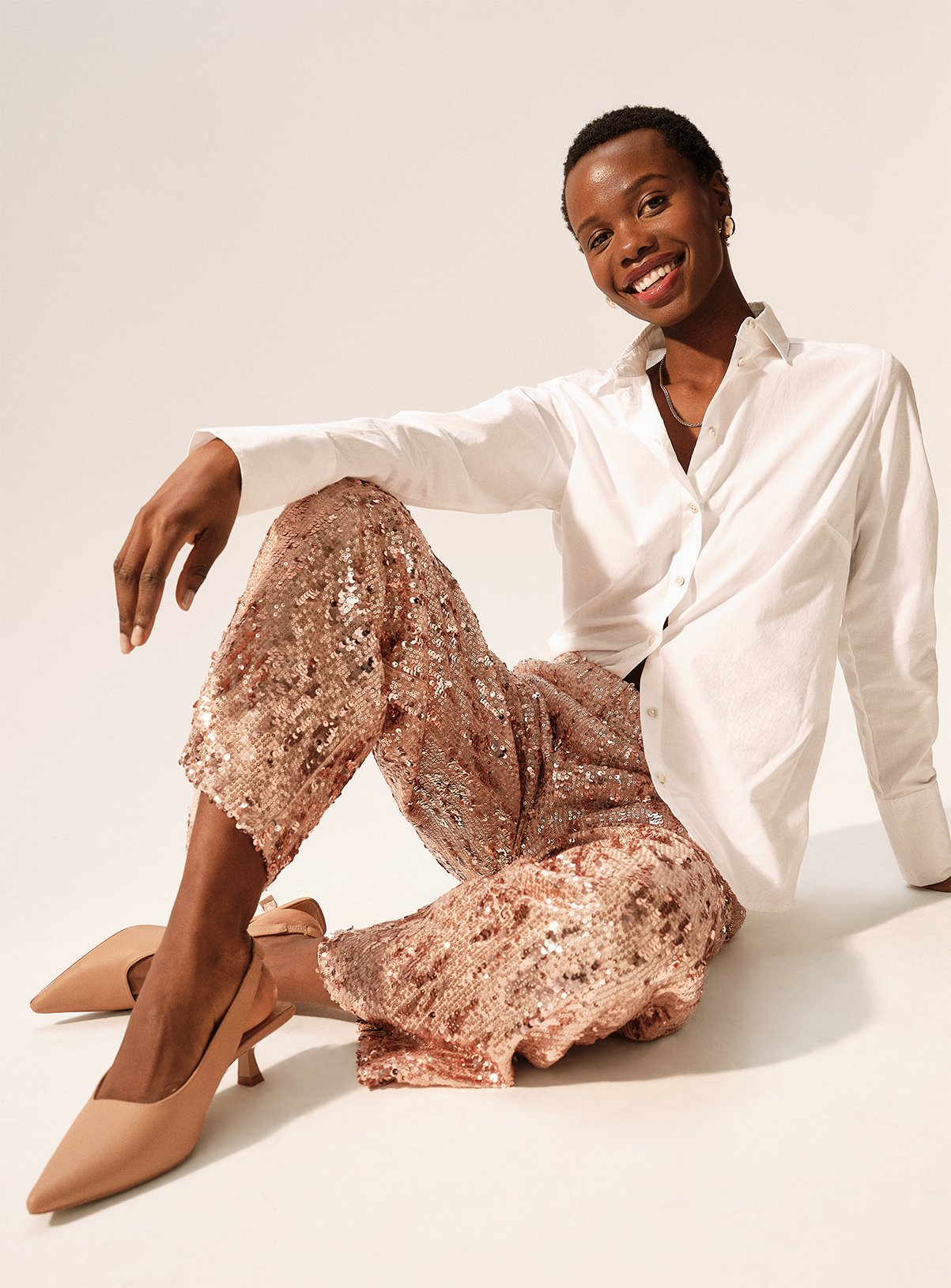 Cream Sequin Wide Leg Trousers  14L - Image 2 thumbnail