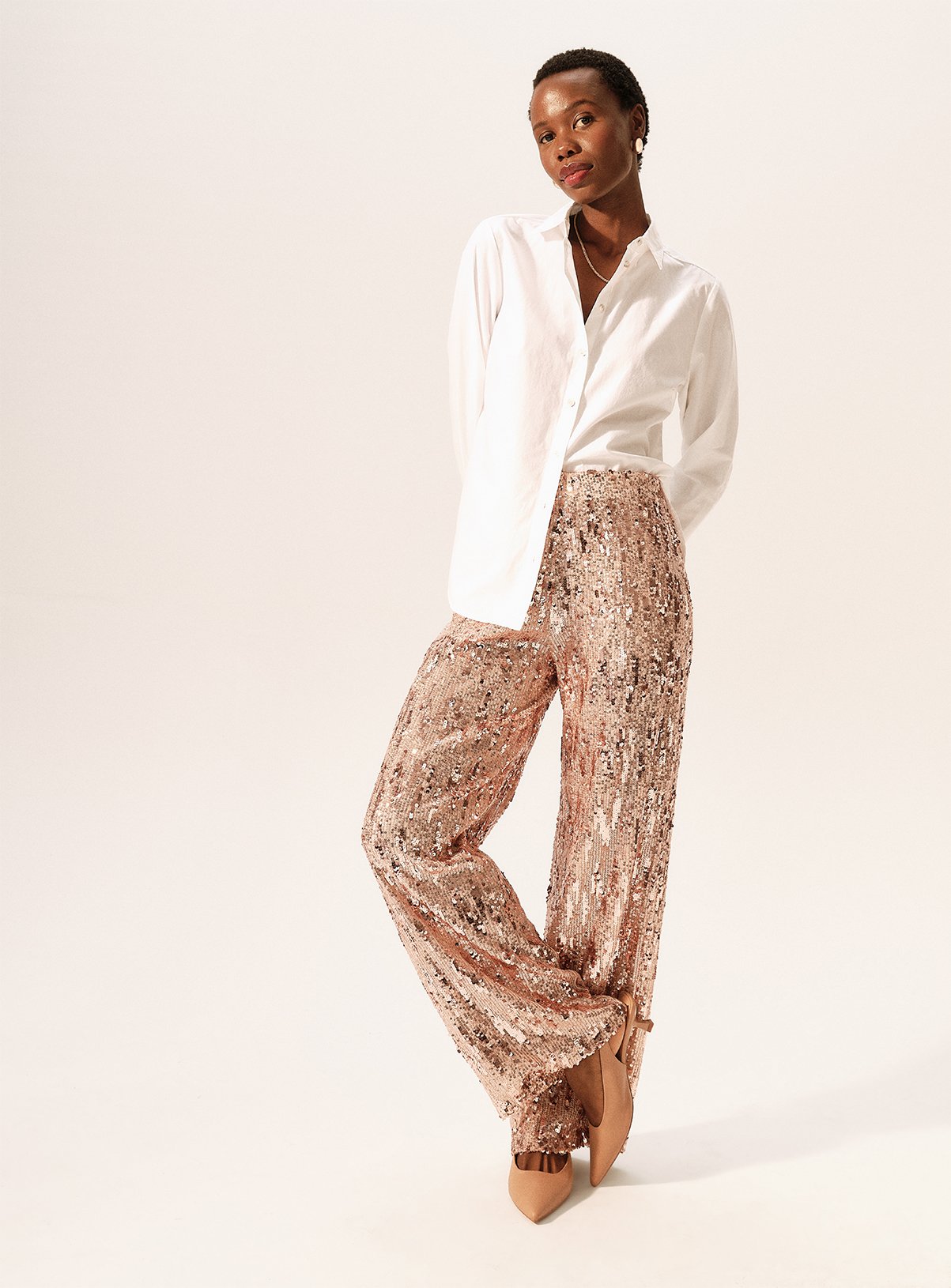 Cream Sequin Wide Leg Trousers  14L - Image 3 thumbnail