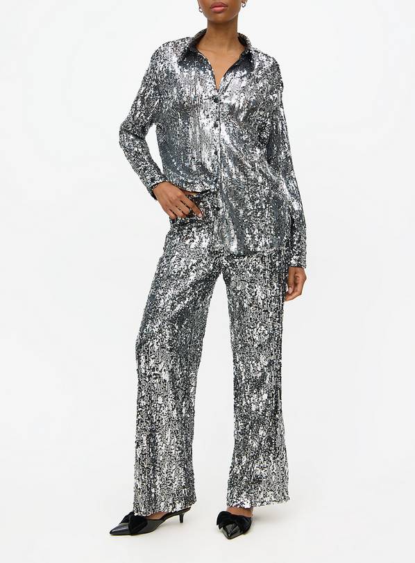 Metallic Silver Sequin Wide Leg Trousers  10L