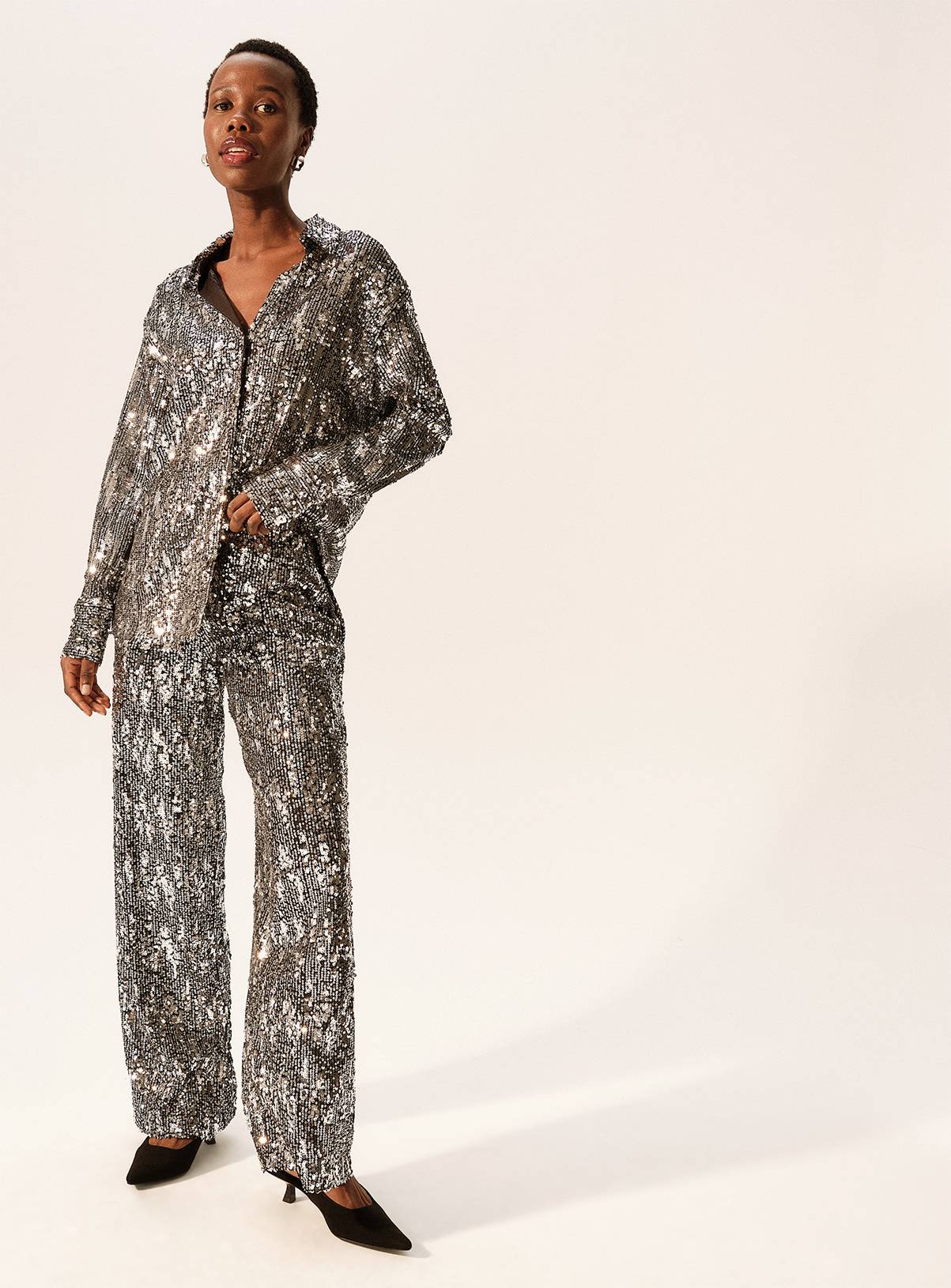 Metallic Silver Sequin Wide Leg Trousers  22L - Image 3
