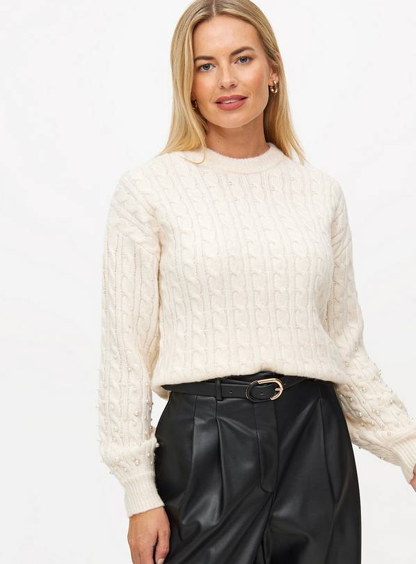 Cream Pearl Sleeve Cable Knit Jumper 8