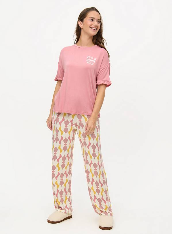 Pink Frill Sleeve Good Time Print Pyjamas L