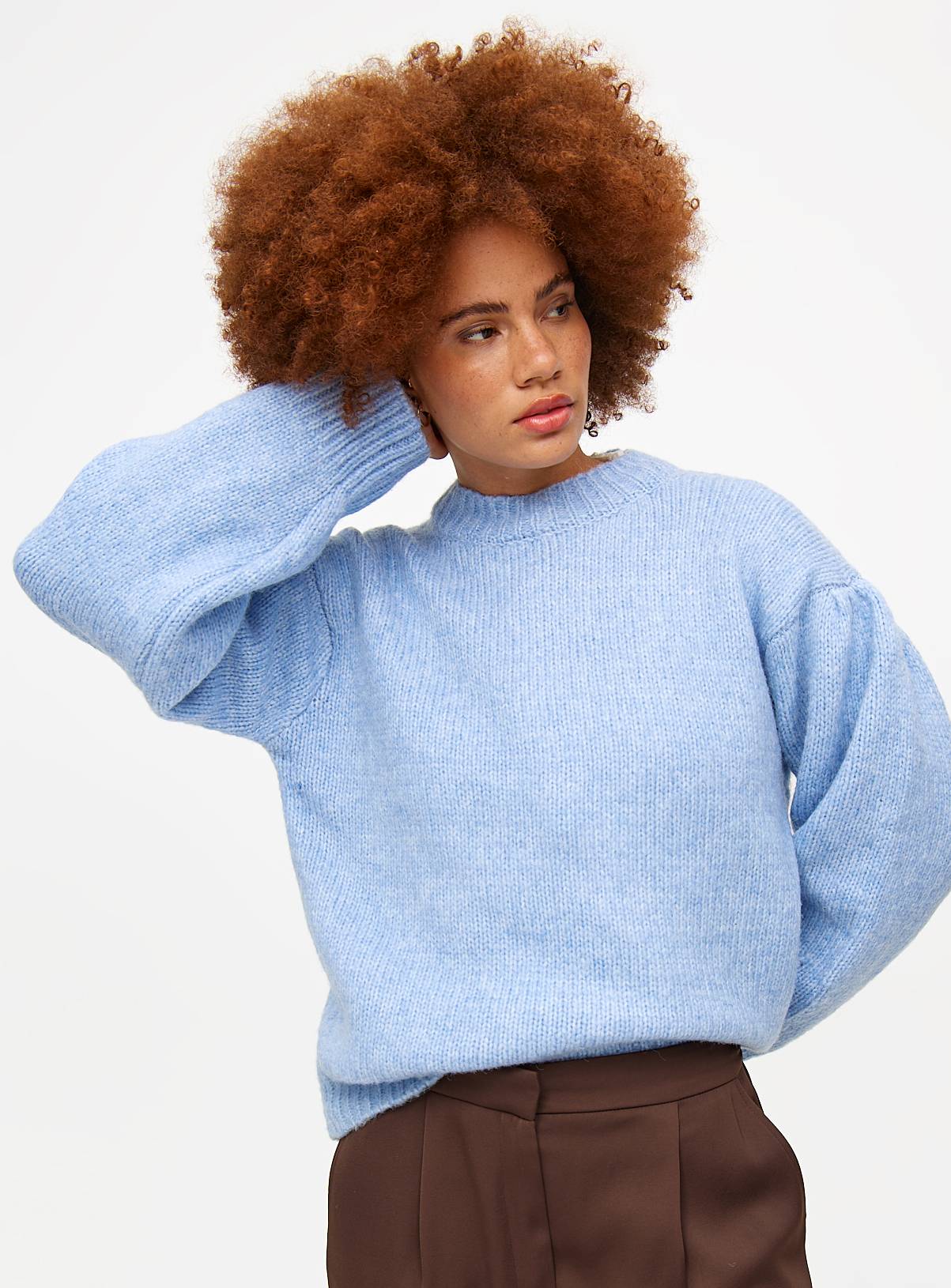 Blue Crew Neck Volume Sleeve Knitted Jumper 16 - Image 1