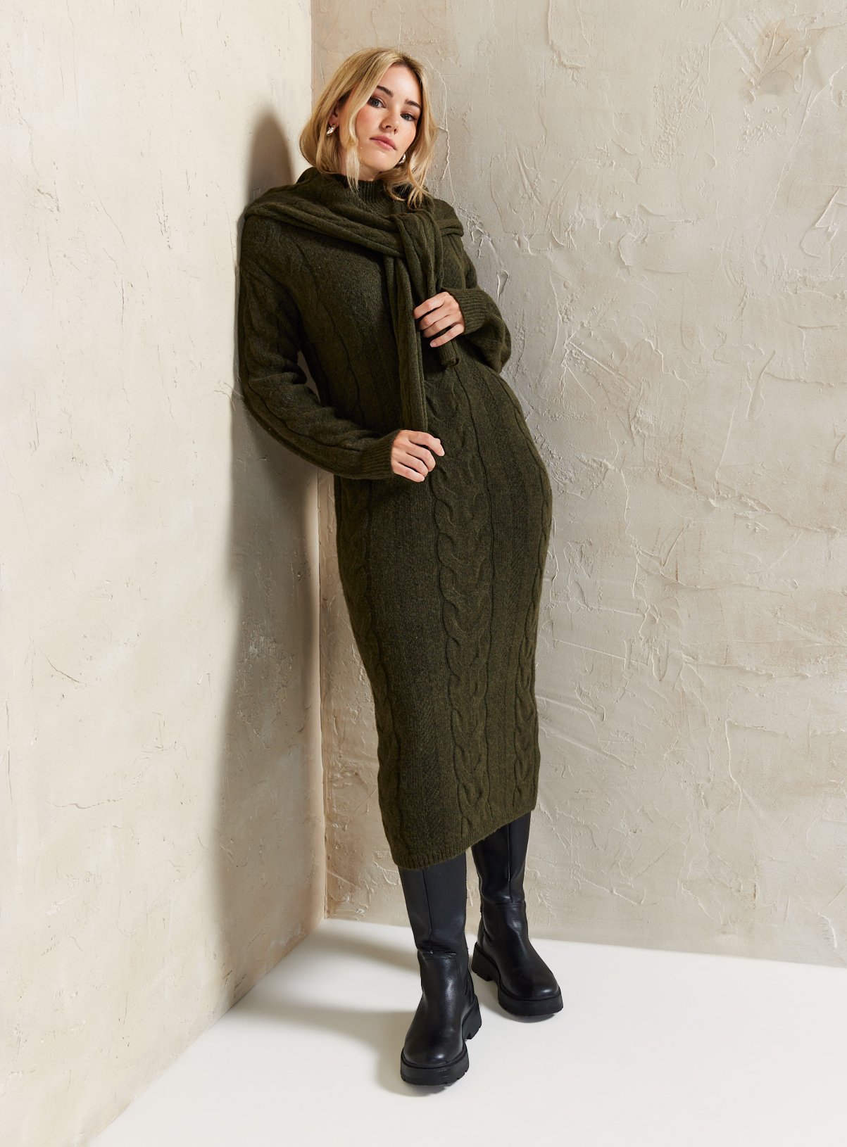 EVERBELLE Khaki High Neck Cable Knitted Midi Dress XS - Image 2 thumbnail