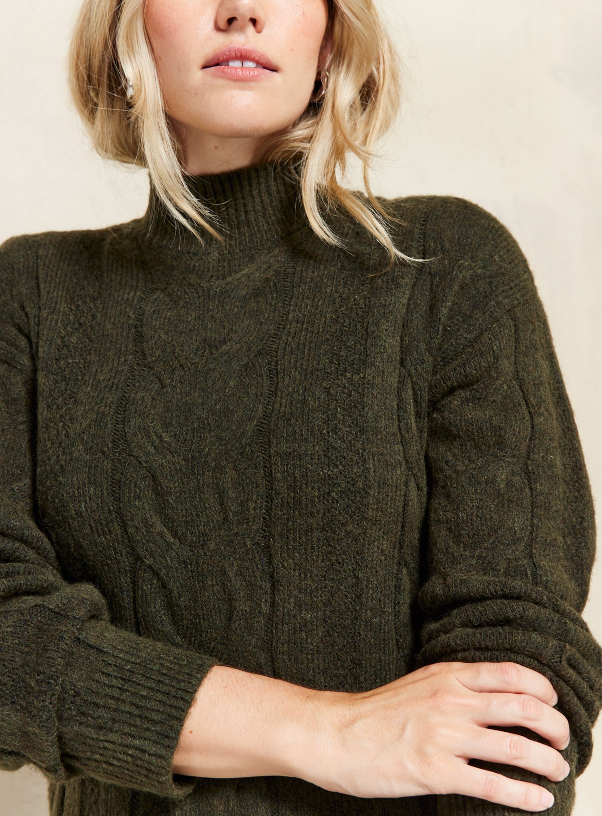 EVERBELLE Khaki High Neck Cable Knitted Midi Dress XS - Image 3 thumbnail