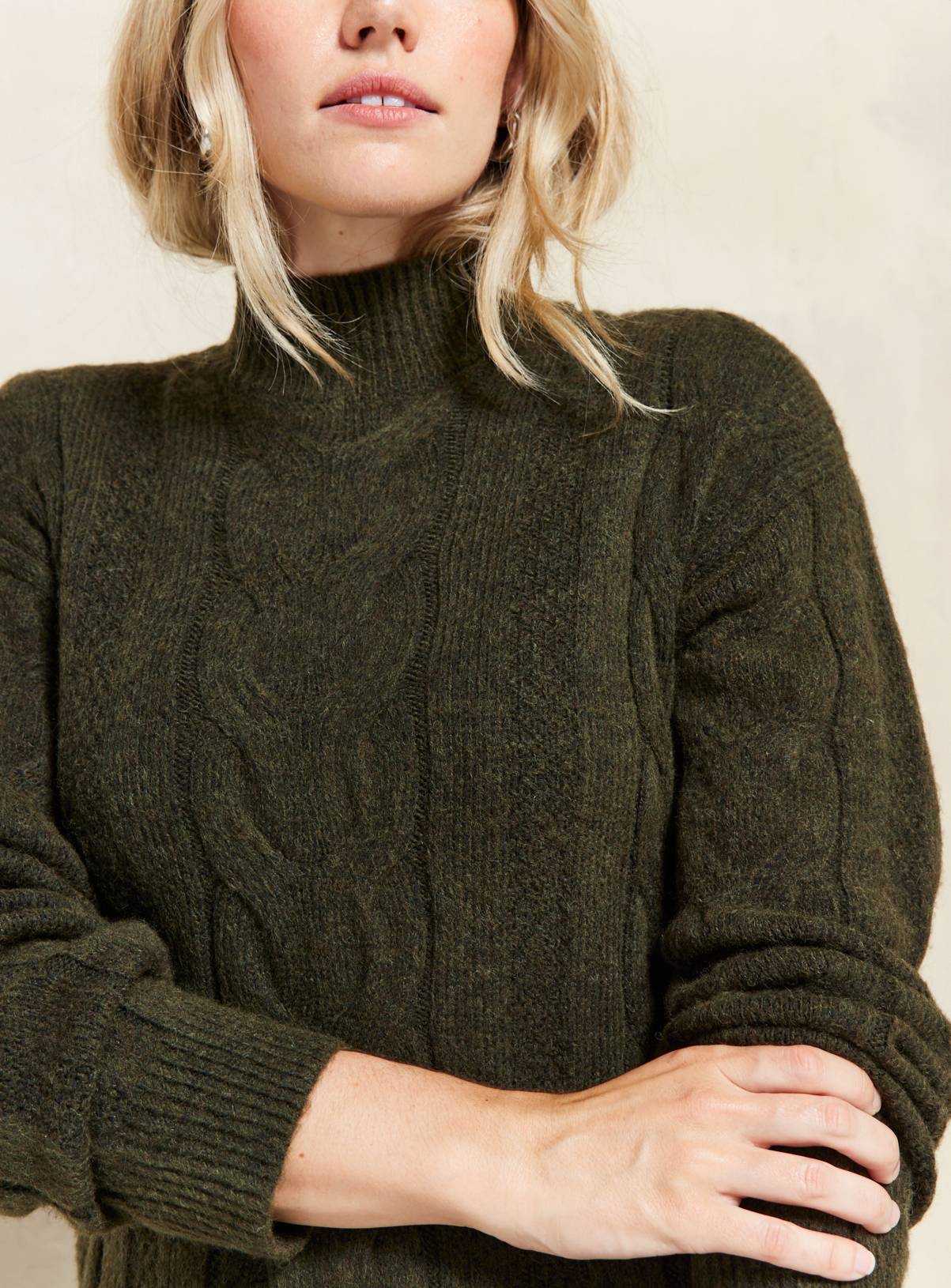 EVERBELLE Khaki High Neck Cable Knitted Midi Dress XS - Image 3