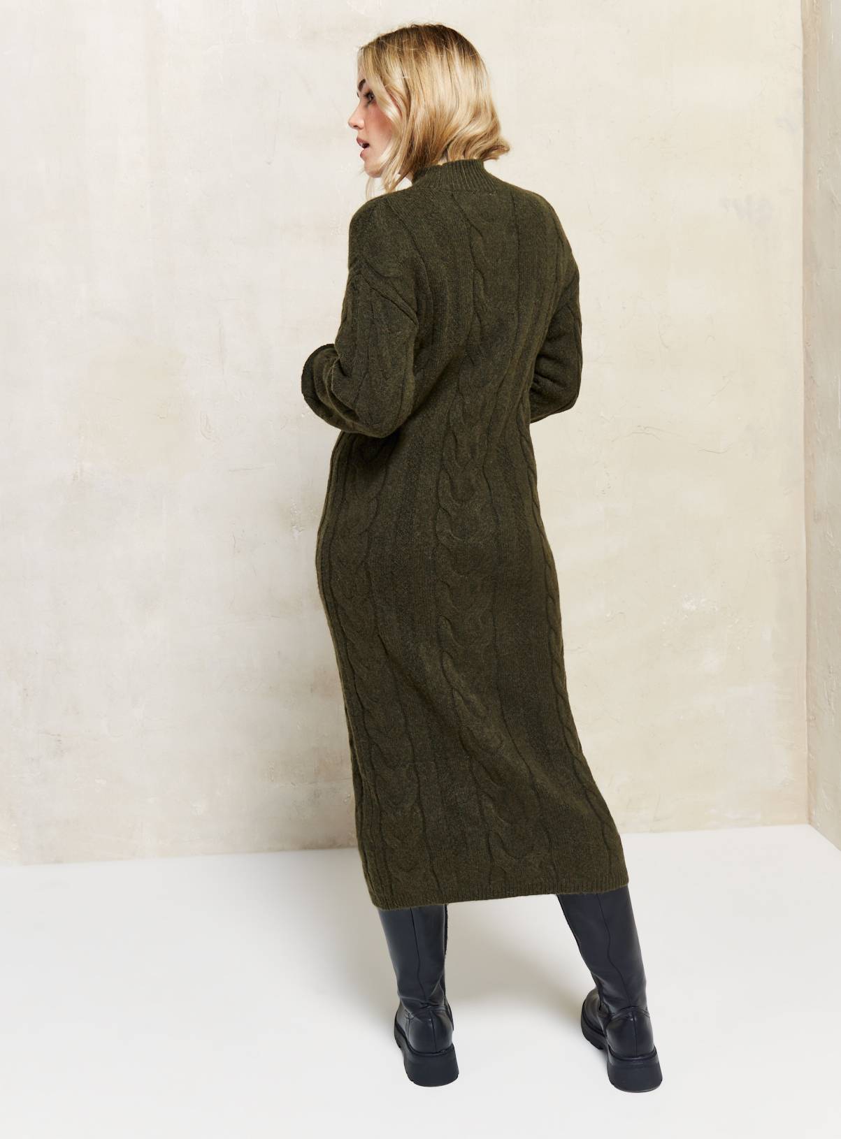 EVERBELLE Khaki High Neck Cable Knitted Midi Dress XS - Image 4