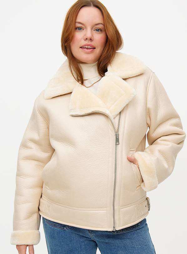 Cream Faux Fur Lined Aviator Coat S