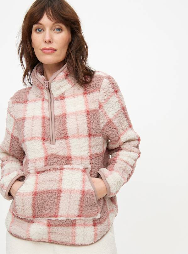 Pink Check Borg Quarter Zip Lounge Top S