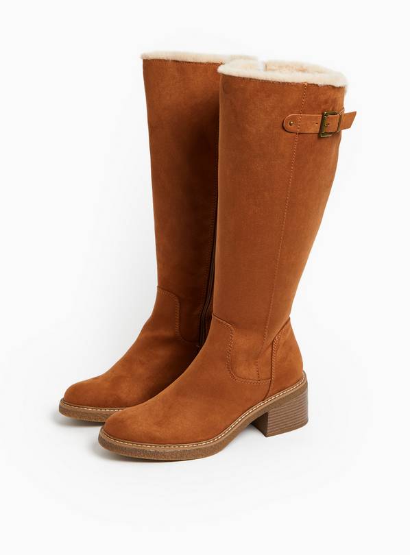 Tan Brown Faux Suede Heeled Knee High Boots 5