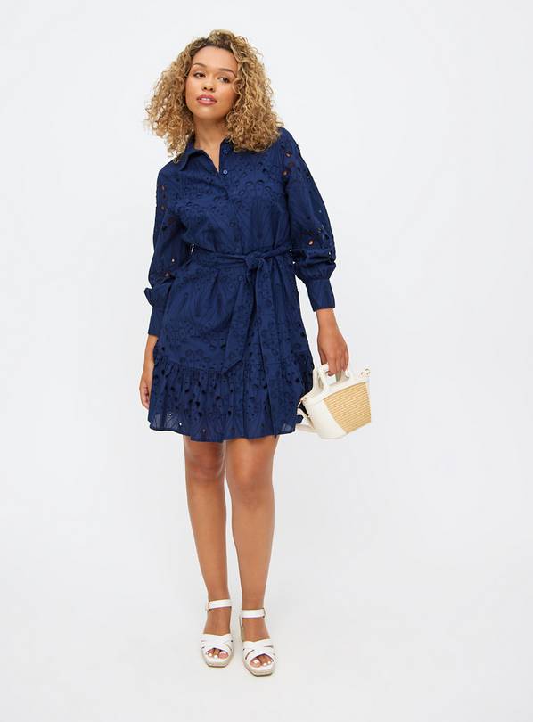 Navy Broderie Belted Long Sleeve Shirt Dress 14