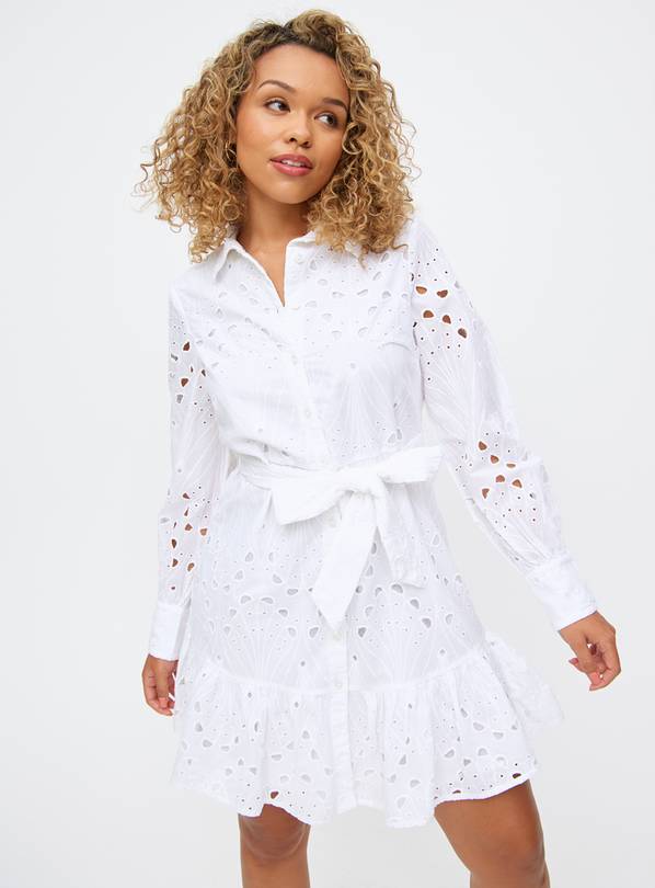 White Broderie Belted Long Sleeve Shirt Dress 14