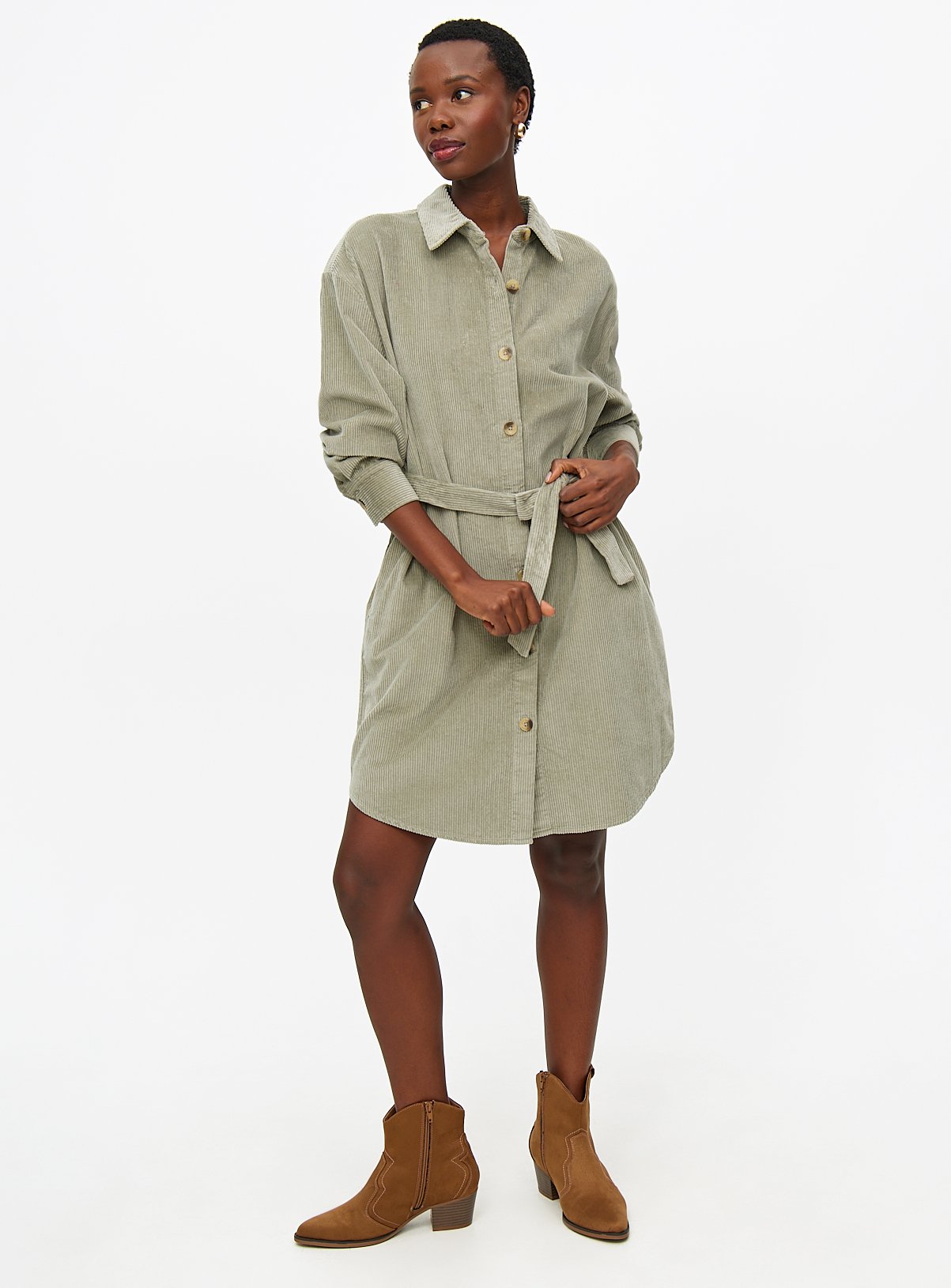Sage Green Corduroy Mini Shirt Dress 18 - Image 3 thumbnail
