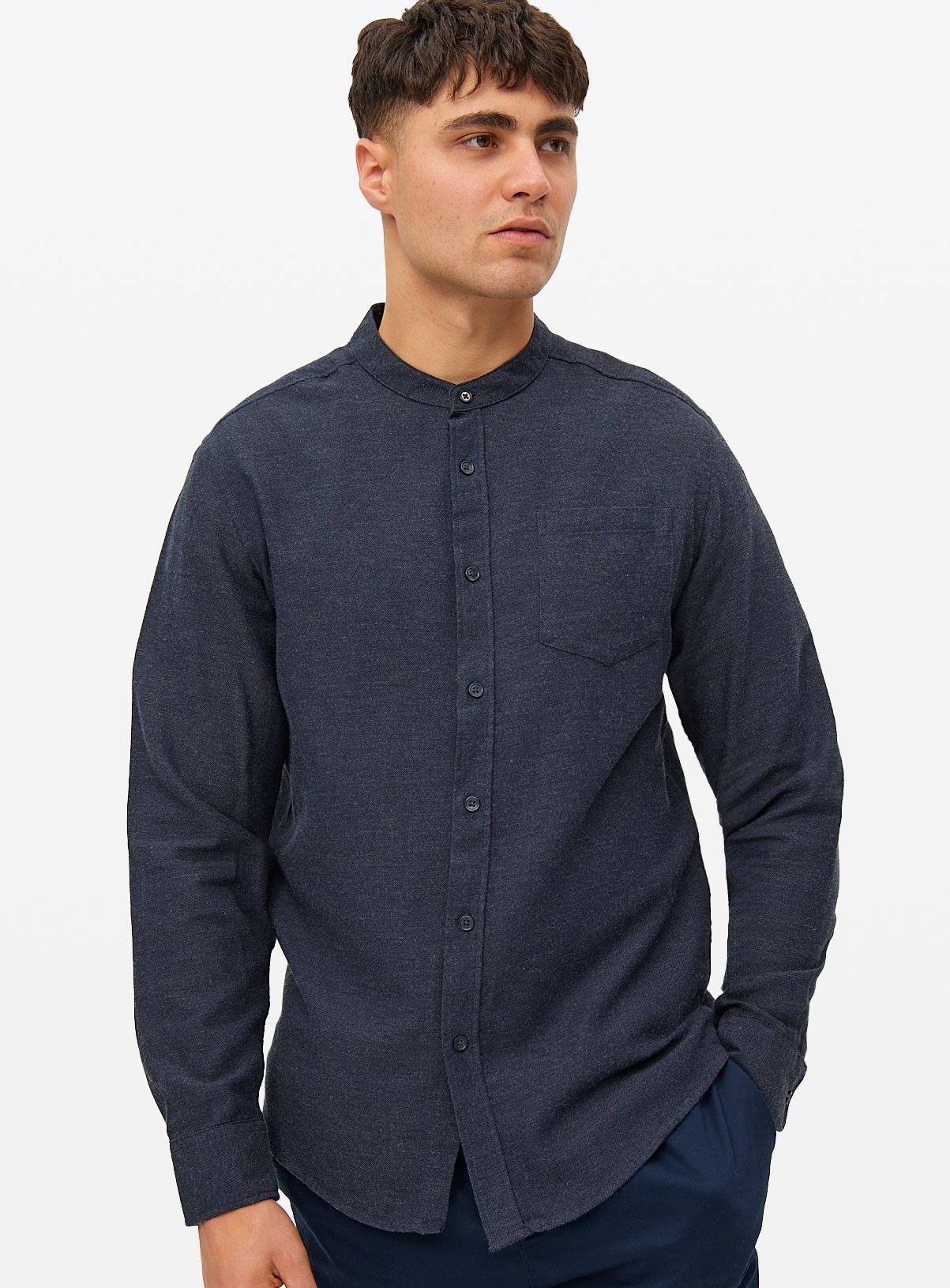 Navy Single Pocket Long Sleeve Grandad Shirt M