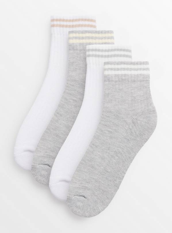 White & Grey Dual Stripe Cushion Sole Ankle Socks 4 Pack 4-8