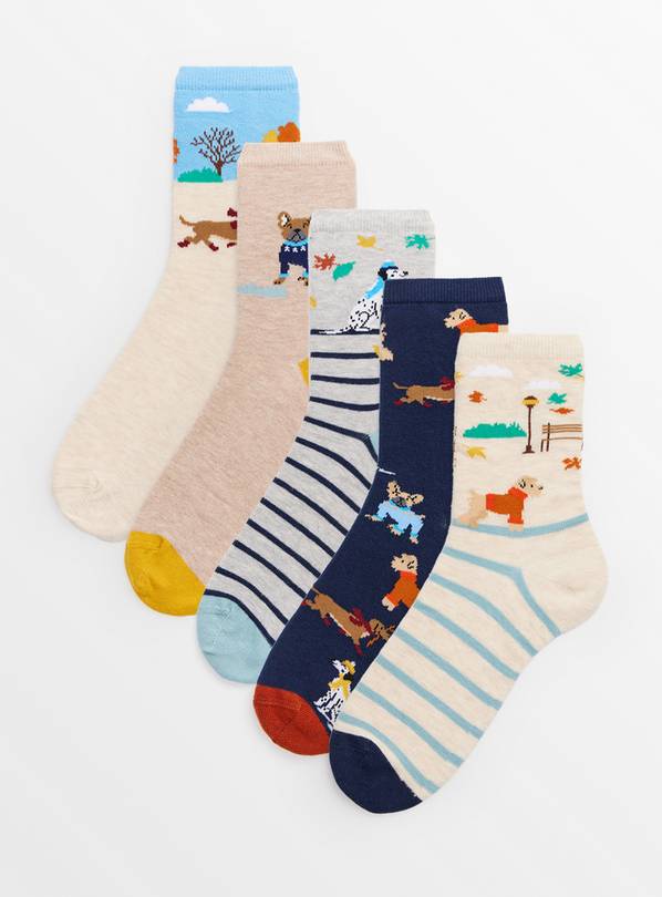 Dog Print & Stripe Ankle Socks 5 Pack 4-8