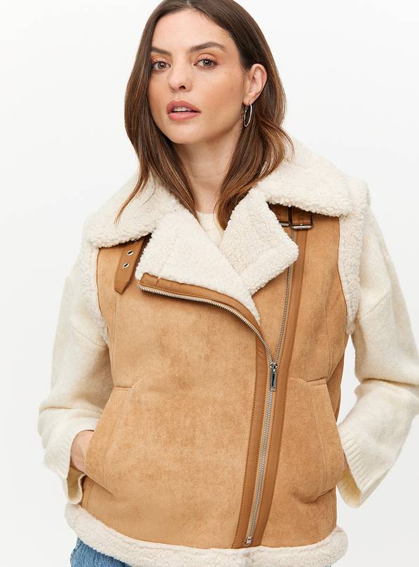 Tan Faux Suede Borg Aviator Gilet S